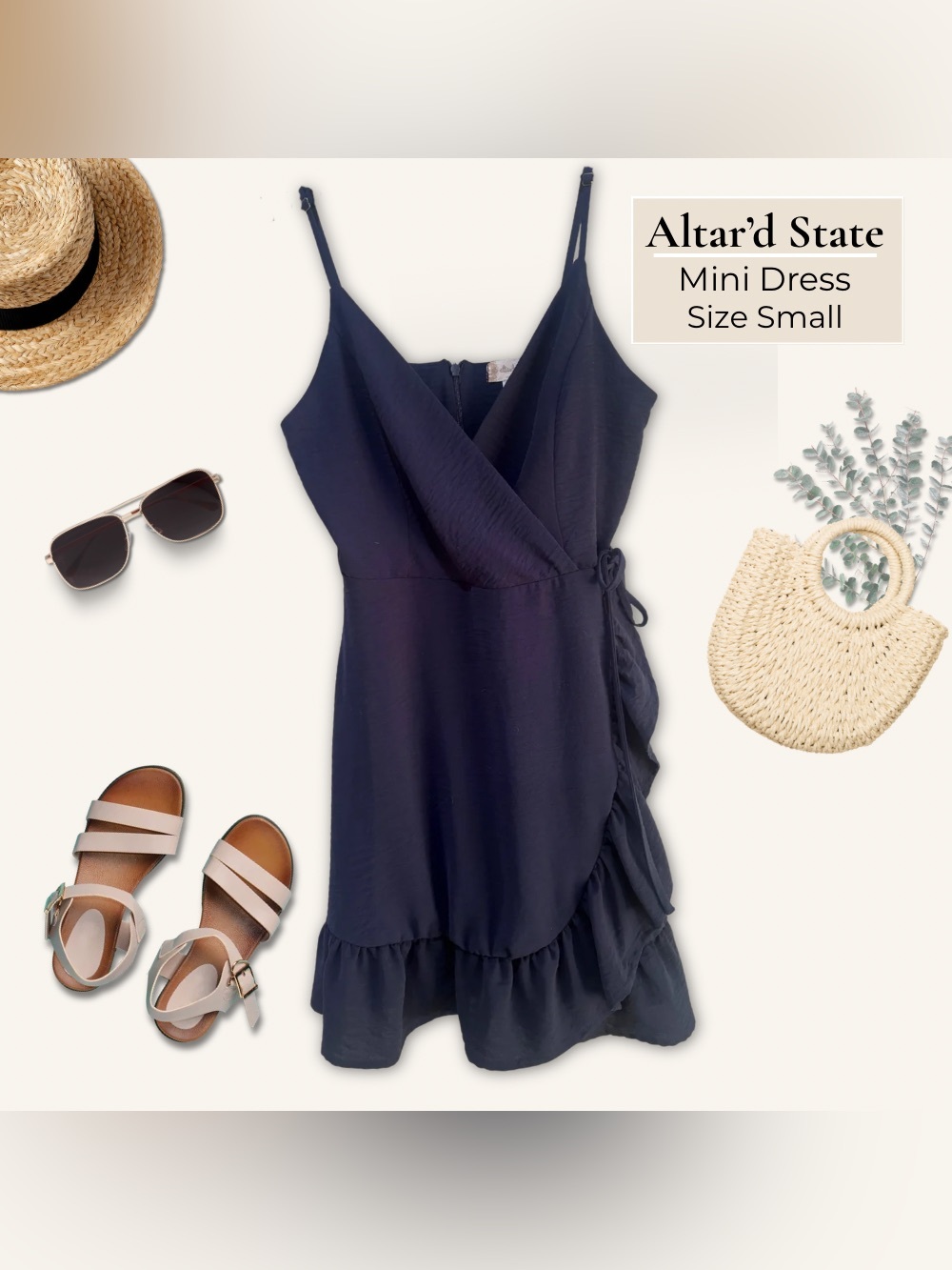 Altar’d State Navy Faux Wrap Ruffle Hem Mini Dress Size Small Adjustable Straps - Picture 2 of 7